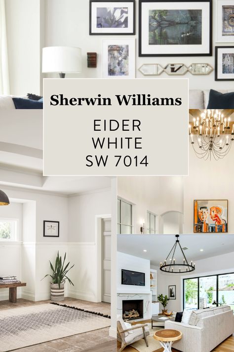 Eider White is a subtle gray that is soothing, chic, and timeless. You have to be careful because it's tricky in low light. Read the full paint color review here! #sherwinwilliams #paintcolor #eiderwhite #whitepaint #paintcolors #whitepaintcolors Eider White Vs Agreeable Gray, Alternatives To White Walls, Eider White Color Scheme, Eider White Complimentary Colors, Sherwin Williams Eider White Walls, Eider White Sherwin Williams Walls, Eider White Cabinets, Sw Eider White, Colors That Compliment Grey