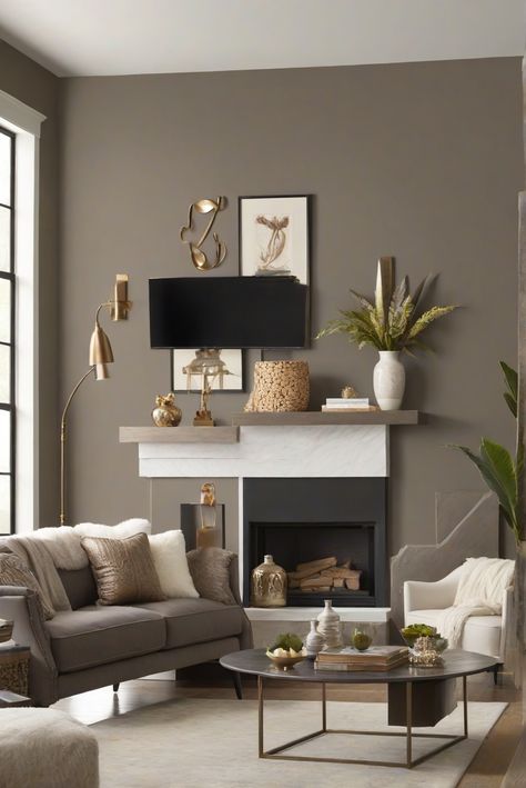 Get ready to elevate your living space with SW Urbane Bronze (SW 7048)! Discover how to infuse warmth and style into your home with this trending paint color for 2024. #Ad #homedecor #homedesign #wallpaints2024 #Painthome #interiorarchitecture Wall Colors Green Living Room Colors Bright Living Room Colors Apartment Renovation Living room Remodeling Modern Paint Colors 2024 Sw Urbane Bronze Fireplace, Dark Taupe Accent Wall, Bright Colours For Living Room Wall, Modern Wall Colors Living Room, Colors That Go With Urbane Bronze, Large Living Room Paint Color Ideas, Paint Trends 2024, Living Room Colors 2024, Sw Urbane Bronze