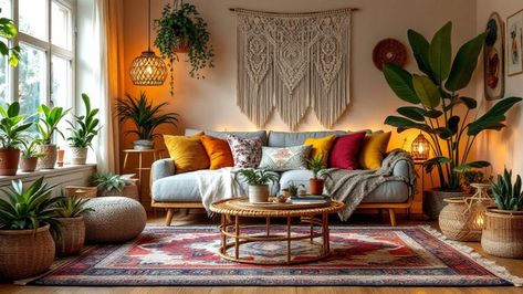 Breathe new life into your living room with 20 boho decor ideas that blend color, texture, and style—discover how to create your own vibrant oasis! Boho Living Room Decor Ideas, Boho Decor Ideas, Cozy Boho Living Room, Textured Throw Blanket, Statement Art Pieces, Bohemian Curtains, Eclectic Gallery Wall, Unique Light Fixtures, Boho Living Room Decor