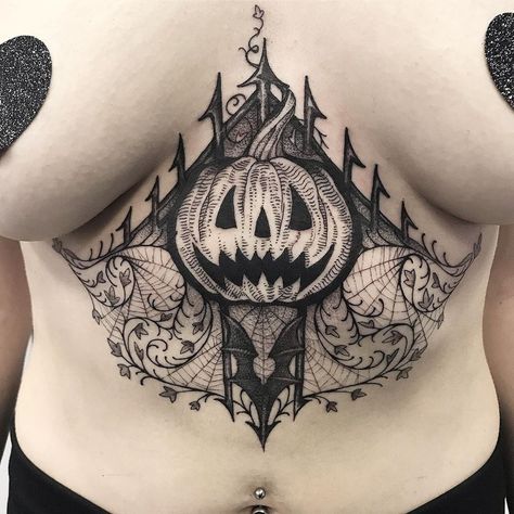 Pumpkin Tattoo Ideas, Pumpkin Tattoo, Wicked Tattoos, Witch Tattoo, Chest Piece Tattoos, Spooky Tattoos, Gothic Tattoo, Stomach Tattoos, Sternum Tattoo