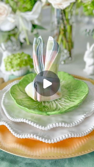 Stephanie Veltri on Instagram: "Like & comment “SHOP” to instantly receive links in your DM. 💗💌  I am loving this simple and sweet bunny fold napkin for an Easter celebration.  The napkins are a wonderful AMAZON find for the holiday and come in a package of 8. 🐰 Once I made one I could do it in my sleep!  It is so easy and really will become the highlight of your tablescape.  📋Optional tips:  -You can iron after each fold if your want a more creased look.  -If you are having a hard time tucking in the tail at the end to hold the bunny together you can use a dressmakers pin 🧷 to keep it in place.  #easter #easterdecor #bunnynapkin #bunnynapkinfold #eastertable #eastertablescape" Fold Easter Napkins, How To Fold Easter Napkins, Napkin Folding For Easter, Easter Bunny Napkin Fold, Easter Napkins Folding, Easter Napkin Folding Ideas, Bunny Napkins Fold Tutorials, Easter Napkins Ideas, Easter Buffet Table