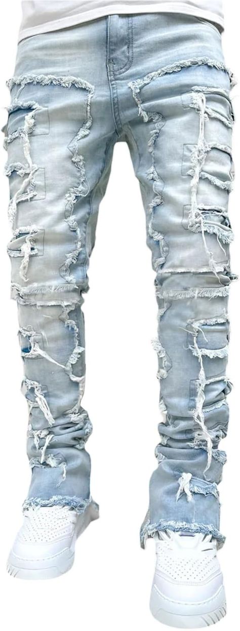 Material: These ripped stacked jeans for men are made of 90% cotton and 10% spandex, skin-friendly fabric with breathable and comfortable texture, providing unparalleled comfort.
Design: Men stacked denim jeans feature a raw edge design at the seams to prevent friction, durability and stacked patches, giving them a unique look.
Match: These stacked denim pants jeans for men are suitable for any season, paired with your favorite T-shirt, shirt or sneakers to create a versatile and cool look. Biker Jeans Men, Stacked Jeans, Mens Jeans Fit, Hip Hop Jeans, Denim Pants Mens, Streetwear Jeans, Biker Jeans, How To Look Handsome, Jeans Y2k