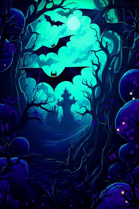 Blue Halloween Wallpaper, Goth Wallpapers, Halloween Backrounds, Blacklight Halloween, Halloween Mural, Bat Wallpaper, Cute Halloween Pictures, Style Your Phone, Spooky Background