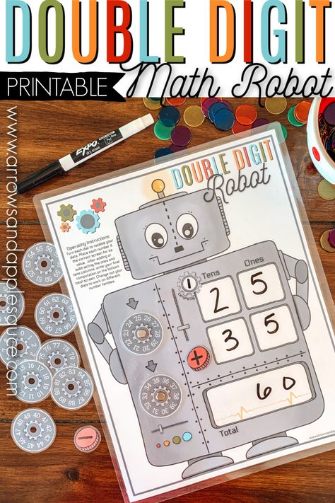 Printable Double Digit Math Robot - Arrows & Applesauce Double Digit Math, Robot Printable, Double Digit Subtraction, Education Printables, Double Digit Addition, Unit Studies Homeschool, Addition Kindergarten, Addition And Subtraction Practice, Subtraction Practice