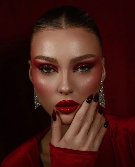 Sultry Red Makeup, Red Rose Makeup Look, All Red Makeup Looks, Red Contour Makeup, Red Dramatic Makeup, Red Drag Makeup, Red Demon Makeup, Red Monochromatic Makeup, Red Waterline Makeup