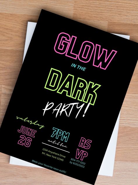 Glow Party Invitations, Neon Wedding Invitations, Neon Party Invitations, 18th Bday, Youth Games, Youth Activities, Neon Nights, Glow Party, Neon Party