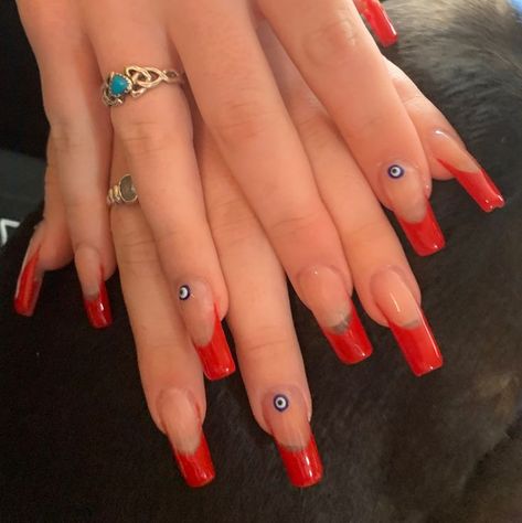 long red tip evil eye nail design Sparkly Evil Eye Nails, Red Nails With Evil Eye, Orange Evil Eye Nails, Latina Aesthetic Nails, Evil Eye Nails Red, Latinas Nails, Red Evil Eye Nails, Evil Eye Nail Design, Eye Nail Design