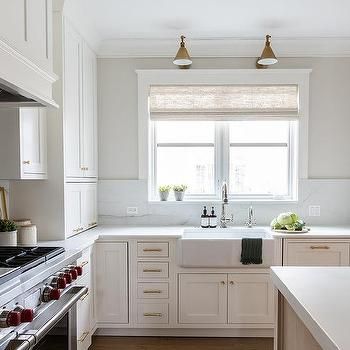 Island with Shelves - Transitional - kitchen - Stonecroft Homes Over Window Lighting, Kitchen Cabinets With White Countertops, Cabinets With White Countertops, Rustic Ceiling Beams, Tan Kitchen, Window Lighting, Cream Kitchen Cabinets, Kitchen Island Tops, Kate Marker Interiors