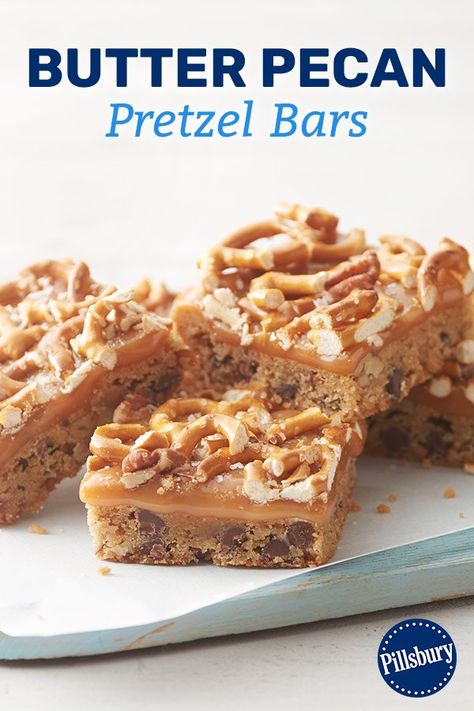 Adding pretzels to the top gives a salty twist to these super sweet pecan bars. Pillsbury Cookies, Pretzel Bars, Bar Desserts, Pillsbury Recipes, Bars And Cookies, Boxed Cake, Dessert Bar Recipe, Cake Mixes, Cookies And Candy