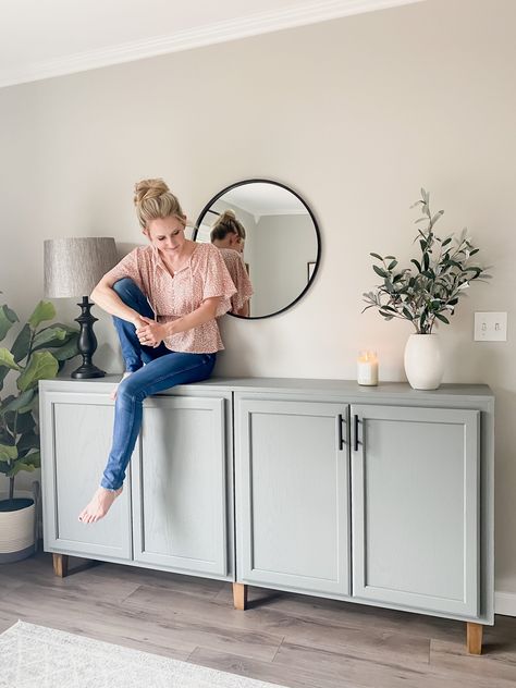 Stock Cabinet Entertainment Center, Diy Stock Cabinet Buffet, Built In Lower Cabinet Under Tv, Diy Tv Stand Cabinet, Turn Wall Cabinets Into Custom Storage, Sideboard With Open Shelves Above, Entry Table Cabinet, Buffet Made From Kitchen Cabinets, Office Buffet Cabinet