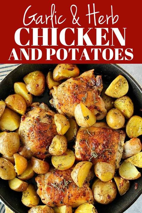 Chicken And Potatoes Cast Iron Skillet, One Skillet Chicken And Potatoes, Chicken Thigh With Potatoes, Garlic Chicken And Potatoes Skillet, Chicken Thigh Recipes And Potatoes, Boneless Skinless Chicken Thigh Recipes With Potatoes, Skillet Lemon Herb Chicken And Potatoes, Chicken And Yellow Potatoes Recipes, Cast Iron Chicken And Potatoes