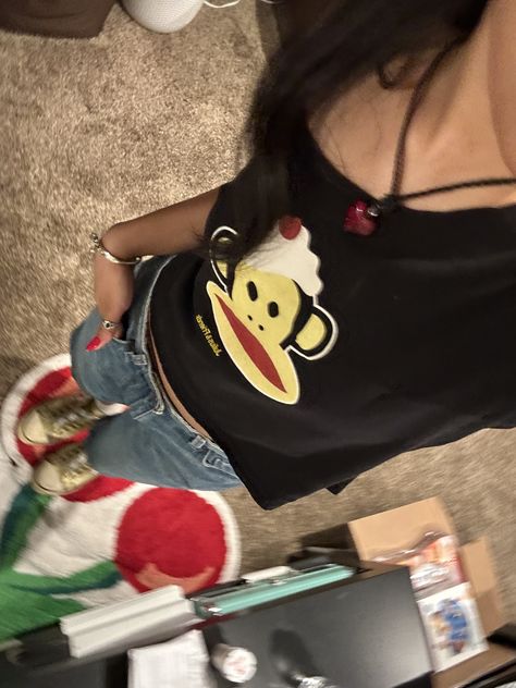 Aesthetic Monkey, Off The Shoulder Y2k, Off The Shoulder Top Outfit, Outfit Pose, Off The Shoulder Tee, Outfit Cute, Paul Frank, Cute Monkey, Fits Clothes