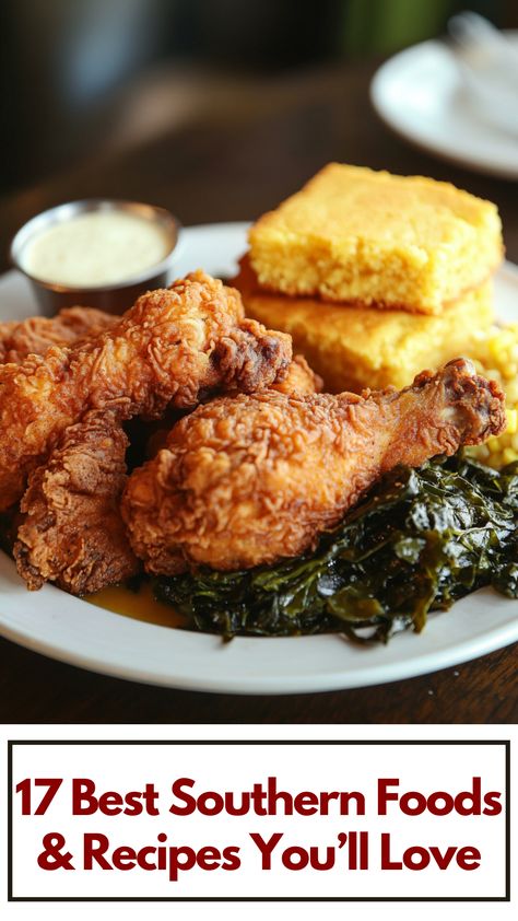 A plate of fried chicken, cornbread, and collard greens showcasing classic Southern comfort food. Southern Menu Ideas, Southern Meals Soul Food, Back To My Southern Roots Recipes, Southern Dinner Recipes Soul Food, Southern Soul Food Recipes, Down Home Cooking, South Carolina Food, Southern Food Recipes, Southern Meals