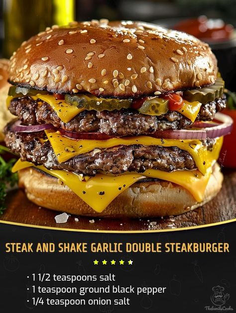 Kylie Recipes | Steak and Shake Garlic Double Steakburger | Facebook Recipes Steak, Burger Recipes Beef, Sandwhich Recipes, Best Sandwich Recipes, American Foods, Best Burger Recipe, Burger Seasoning, Gourmet Burgers, Hamburger Recipes