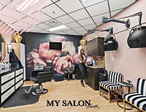 MY SALON Suite® is more than just a place to run your business; it’s a community of like-minded entrepreneurs that helps your business thrive! Contact us today and see how you can #makeityours! https://www.mysalonsuite.com/ Decorated Salon Suites, Black Salon Suite, Salon Suite Decor Small Spaces, Salon Suite Ideas, Small Salon Suite Ideas, Salon Decor Studio, Floral Accent Wall, Salon Goals, Salon Decorating