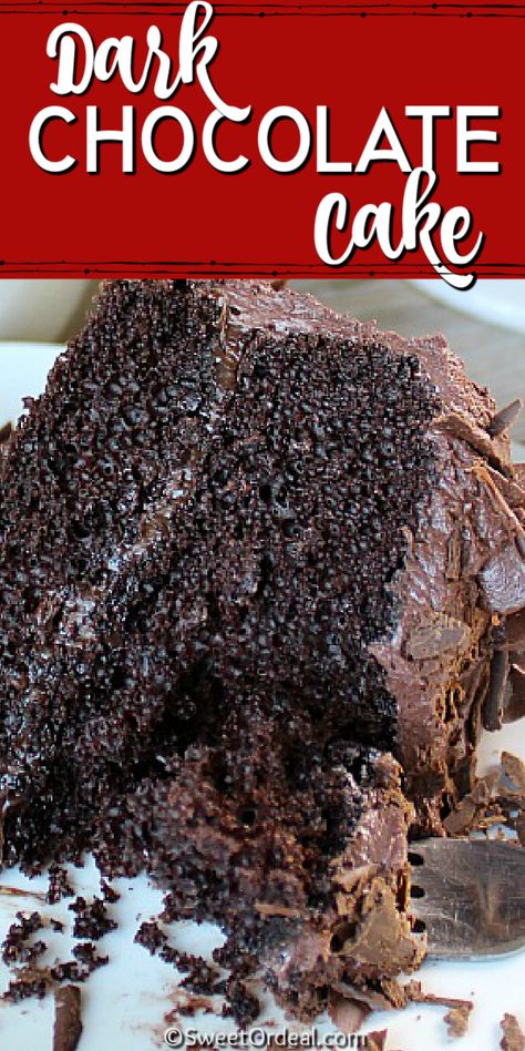 Delish! Dark Chocolate Cake is a chocolate lover’s dream come true. The rich dark chocolate cake is moist and loaded with chocolaty goodness. The dark chocolate frosting is smooth and creamy, the perfect compliment to the cake. This two-layer cake should satisfy just about any chocolate craving out there. Best Ever Chocolate Cake, Dark Chocolate Cake Recipes, Dark Chocolate Frosting, Chocolate Cake From Scratch, Homemade Dark Chocolate, Dark Chocolate Cake, Decadent Chocolate Cake, Rich Chocolate Cake, Dark Chocolate Cakes