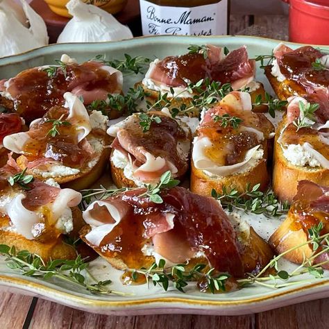 Prociutto Appetizers Fig, Fig Jam Cheese Pairing, Figs Wrapped In Prosciutto, Fig Butter Appetizer, Prosciutto Crostini Appetizers, Fig Crostini Appetizers, Fig Goat Cheese Prosciutto Appetizers, Goat Cheese And Fig Jam Appetizer, Fig Jam Appetizers