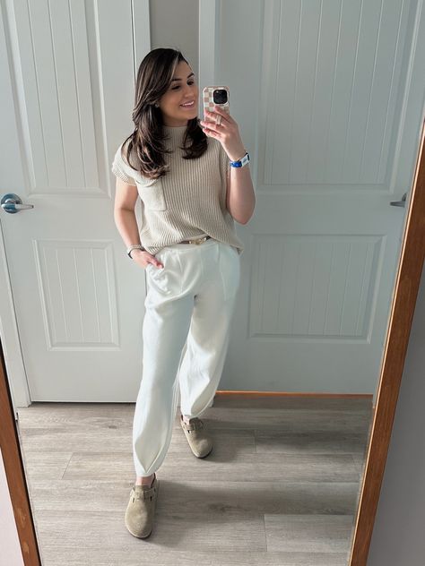 Two piece set under $50. Woman mirror selfie wearing beige top, white loose pants, Birkenstock boston clogs, amazon fashion, amazon find. Summer to fall transition, fall outfits, fall transition. Birkenstock Business Casual, Boston Clogs Business Casual, Boston Clogs Outfit Comfy, Business Casual Clogs Outfit, Boston Clogs With Shorts, Boston Clogs Amazon, Leggings And Boston Clogs, Birkenstock Boston Clog Outfit, Boston Clogs Outfit