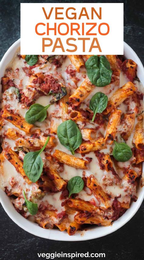 Vegan Chorizo Pasta Bake Plant Based Chorizo Recipes, Vegan Chorizo Recipes, Chirozo Recipes, Chorizo Pasta Bake, Vegan Shredded Cheese, Soy Chorizo, Chorizo Pasta, Vegan Chorizo, Spicy Pasta