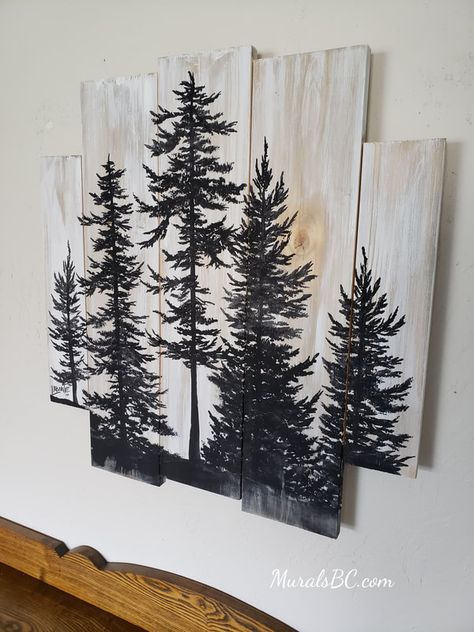 Paintings on wood - Wall and Window Mural Art in Victoria BC Diy Lodge Decor, Barnwood Art, Lath Art, Wall Statement, Paintings On Wood, Wooded Landscape, Scandinavian Cottage, Window Mural, Animal Tattoo Ideas