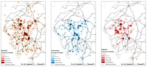 An example of research using text analysis and GIS. Maps showing distribution and density smoothing maps for beautiful, picturesque, and sublime. Donaldson, Gregory, & Taylor, 2017. Gis Maps, Gis Mapping, Urban Mapping, Text Analysis, Urban Design Graphics, Food Map, Information Design, Design Graphics, Urban Design