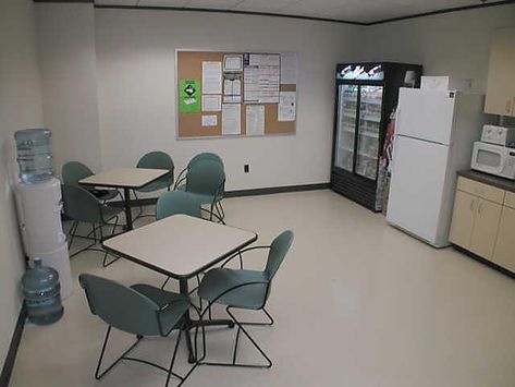 Court Break Room - sterile, bare, meant to provide space, not comfort Break Room Design, Communal Area, Office Break Room, Skeleton Crew, Office Photos, Hazmat Suit, Children Hospital, Staff Room, Lunch Room