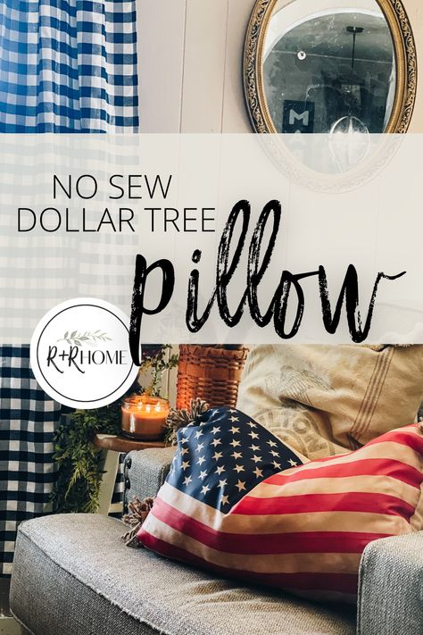 Make this easy no sew patriotic pillow using a dollar tree chair cover Patriotic Pillow Covers, Dollar Tree Patriotic Crafts, Americana Living Rooms, Rustic Americana Decor, Patriotic Crafts Diy, Tree Chair, Diy Porch Decor, Patriotic Pillow, Diy Placemats