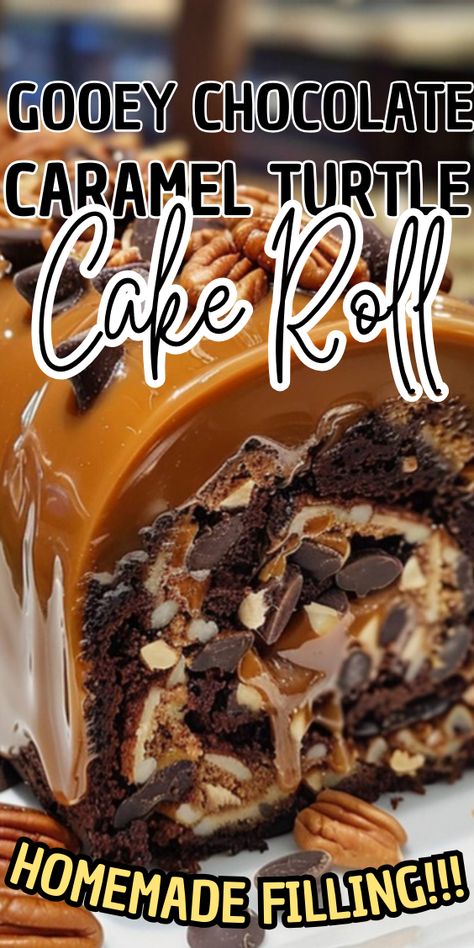 Gooey Chocolate Caramel Turtle Cake Roll Pecan Pie Cake Roll Recipe, Caramel Log Bars, German Chocolate Roll Cake, Brownie Roll Cake, Biscoff Cake Roll, Italian Cakes Recipes, Cakerolls Recipe, Roll Up Cakes, Dessert Recipes Caramel