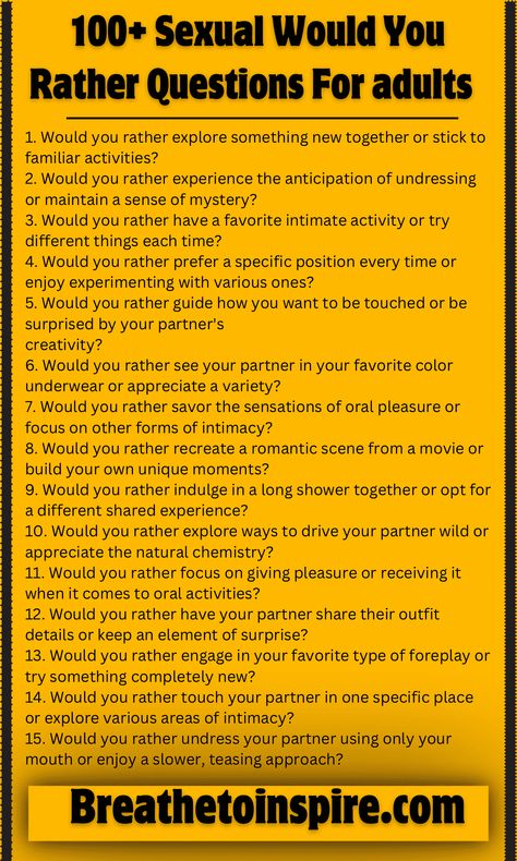 67  Finest Hot Seat Questions For Couples Would You Rather Game For Couples, Adult Would You Rather Questions, Would U Rather Questions Dirty, Question Of The Day Adults, Adult Questions Games, Would You Rather Questions Dirty, Would You Rather Questions Juicy, Spicy 21 Questions, Spicy Would You Rather Questions