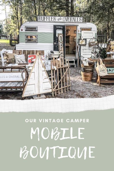 Small Camper Business, Caravan Shop Mobile Boutique, Mobile Vintage Shop, Camper Boutique Ideas, Vintage Trailer Boutique Mobile Shop, Business Trailer Ideas, Vintage Camper Business Ideas, Mobile Antique Shop, Camper Store Design