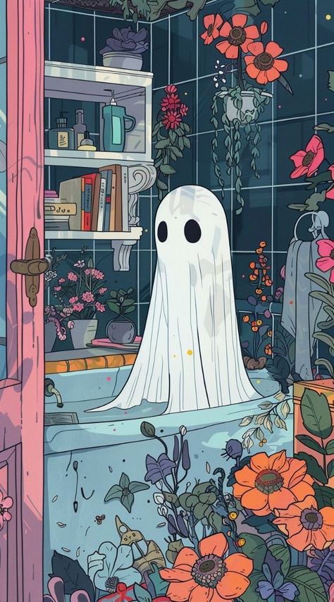 Cute Spooky Lockscreen, Lofi Halloween Wallpaper, Ghost Reading Wallpaper, Summerween Wallpaper Iphone, Summerween Aesthetic Wallpaper, Vintage Ghost Illustration, Summerween Wallpaper, Spooky Season Wallpaper Iphone, Aesthetic Ghost Wallpaper