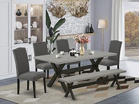 East West Furniture X697EN120-6 6-Piece Dining Table Set - a Superb Dining Table and a Gorgeous Bench - 4 Lovely Parson Chairs Nail Heads and High Back (Cement & Wire Brushed Black Finish) Small Dining Table Set, Rectangular Kitchen, Modern Dining Table Set, Copper Nails, Pc Table, Solid Wood Dining Set, Tufted Chair, Dinette Sets, Dining Furniture Sets