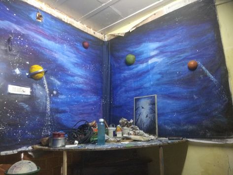 Made Solar system at home for Ganpati decoration Solar System Wall Painting, Wall Painting At Home, Galaxy Solar System, Ganpati Decoration At Home, Ganpati Decoration, Solar System, Wall Painting, Solar, At Home