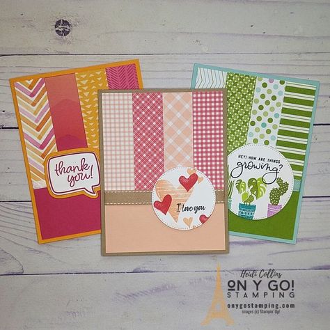 Crafts By Beth, 6x6 Cards Ideas, Pattern Paper Cards, Diy Card Ideas, Strip Cards, Patchwork Cards, Designer Paper Cards, Scrappy Cards, Card Sketches Templates