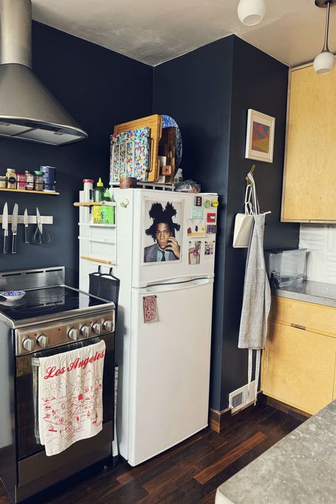 Stainless steel oven next to white fridge in a blue kitchen. White Fridge Kitchen, Above Refrigerator Ideas, Above Refrigerator, White Fridge, Fridge Decoration, Rental Kitchen Makeover, Refrigerator Ideas, Portland House, White Fridges