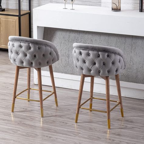 Amazon.com: Guyou 26” Swivel Velvet Counter Height Bar Stool Set of 6, Upholstered Counter Stools Tufted Back Kitchen Island Chairs with Wood Legs and Gold Footrest for Pub Home Bar Dining Room (Gray) : Home & Kitchen Kitchen Island Chairs, Dining Room Gray, Upholstered Counter Stools, Back Kitchen, Luxury Bar Stools, Bar Dining Room, Island Chairs, Grey Dining Room, Gold Chair