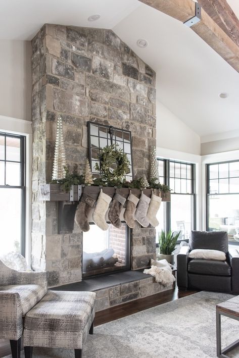 Holiday Home Tour: Courtney Shultz's Family Home in Michigan | The Everygirl Cottage Fireplace, Holiday Home Tour, Farmhouse Fireplace, Fireplace Remodel, Home Fireplace, Style Deco, Fireplace Makeover, Fireplace Design, Stone Fireplace