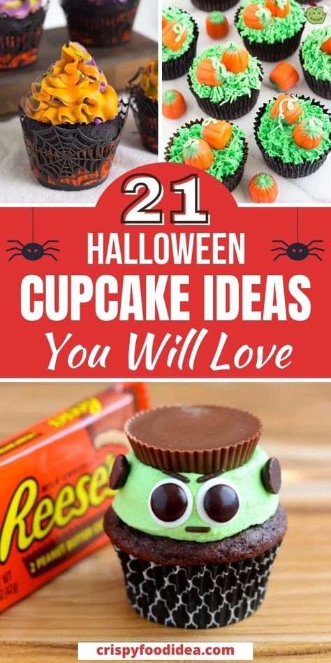 These easy halloween cupcakes are best for snacks or breakfast that everyone will love. Cupcakes For Halloween Party, Candy Topped Cupcakes, Halloween Cupcake Cones, Cupcake Recipes Halloween, Halloween Desserts Easy Cupcakes, Mini Halloween Cupcakes For Kids, Halloween Pull Apart Cupcakes Ideas, Halloween Pumpkin Cupcakes, Halloween Cake And Cupcakes