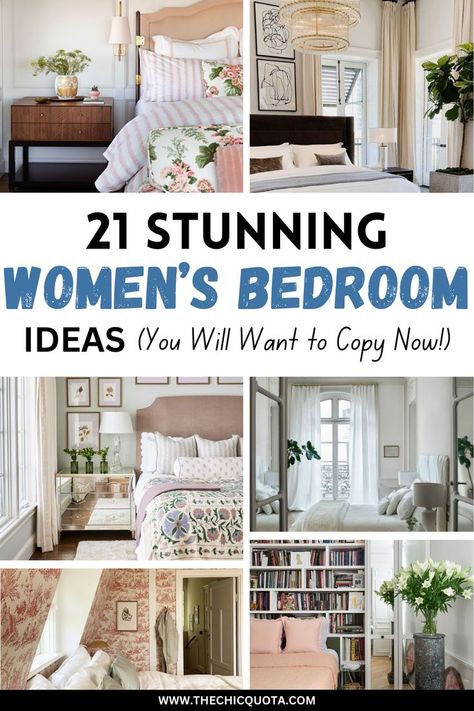 Blog post about 21 stunning women's bedroom ideas. Click to read more! Women's Bedroom Ideas, Feminine Bedroom Elegant, Feminine Bedroom Decor, All White Bedroom, Elegant Bedroom Decor, Aesthetic Types, Feminine Bedroom, Woman Bedroom, Take Notes