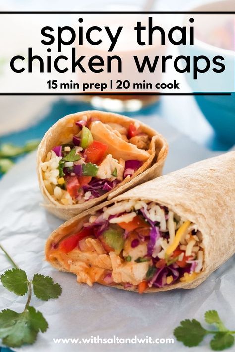 You will fall in love with these spicy easy thai chicken wraps with sriracha honey sauce! These are a healthy lunch ideas for work and even a healthy quick dinner idea for busy nights! The ingredients hold well so make sure to add to your meal prep for the week! #chickenwraps #quicklunchideas #healthychickenrecipe #easychickenrecipe #mealprepideas Thai Slaw, Healthy Quick Dinner, Healthy Lunch Ideas For Work, Thai Chicken Wraps, Easy Thai Chicken, Spicy Chicken Wrap, Wraps Recipes Easy, Sandwich Wraps Recipes, Sweet Chilli Chicken