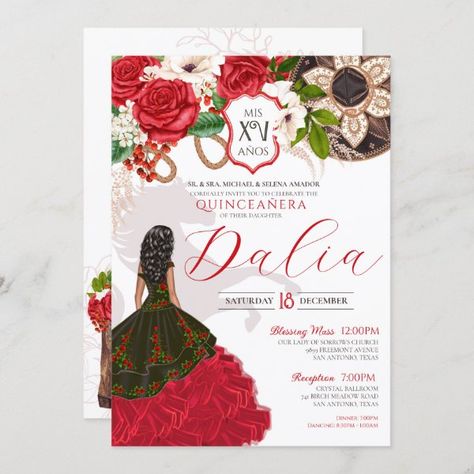 Charro Quinceañera Red Rose Floral Crest Western Invitation Charro Invitations Quinceanera, Charro Invitations, Quinceanera Red, Western Invitations, Vestido Charro, 15th Birthday Party Ideas, Quince Invitations, Gown Red, Quinceanera Party