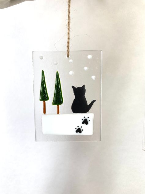 Fused Glass Cat, Fused Glass Dog Ornament, Fused Glass Christmas Penguins, Fused Glass Cat Ornaments, Stained Glass Ornaments Fuse Muse Fused Glass, Fused Glass Dog Suncatcher, Black Cat Silhouette, Cat Christmas Tree, Cat Paw Print