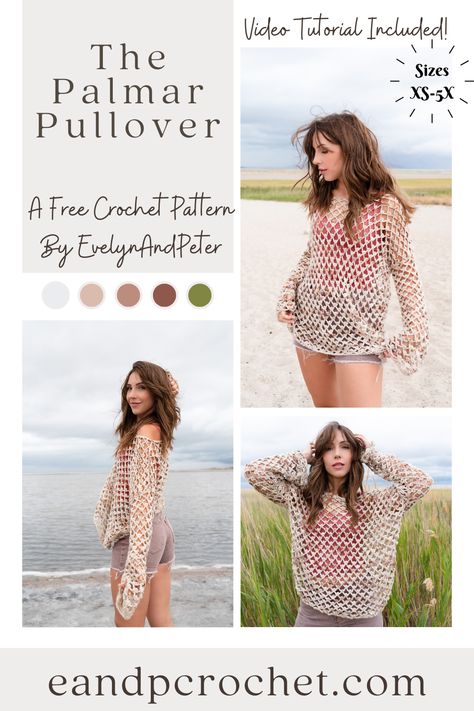 The Palmar Pullover is a FREE crochet pattern by EvelynAndPeter! It includes sizes XS-5X and a full video tutorial! Pattern is worked from the bottom up and is beginner friendly! #crochettop #crochetsweater #picotmesh #crochetpullover #evelynandpeter Crochet Summer Pullover, Linen Yarn Crochet Patterns, Summer Sweater Crochet Pattern, Evelyn And Peter Crochet, Summer Crochet Shawl, Crochet Beach Wear Pattern Free, Crochet Summer Free Patterns, Sport Weight Yarn Crochet Patterns Free, Crochet Cover Up Pattern Free