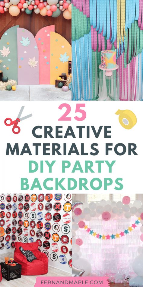 25 creative and affordable materials you can use to create your own amazing DIY Party Backdrops for any theme, holiday, or occasion! Get all of the DIY Party Backdrop details for all of your celebrations now at fernandmaple.com. Easy Photobooth Backdrop Diy, Best Backdrops For Parties, Quick And Easy Photo Backdrop, Easy Party Backdrop Ideas, Diy Bday Backdrop, Diy Party Background Ideas, Different Backdrop Ideas, Backdrops For Parties Diy Easy, Diy Birthday Background