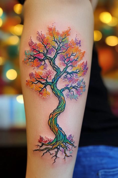 Tree Of Life Tattoo With Flowers, 4 Seasons Tattoo, Seasons Tattoo, Family Name Tattoos, Tree Tattoo Ideas, Flower Tattoo Ideas, Tree Tattoos, Tree Tattoo Designs, Religious People