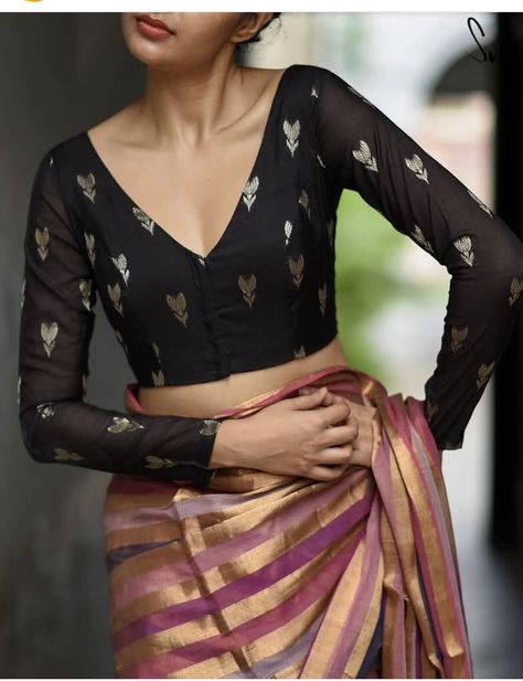 Blouse With Full Sleeves, Full Sleeves Blouse Designs, Black Blouse Designs, Full Sleeves Design, Cotton Blouse Design, Full Sleeve Blouse, Fashionable Saree Blouse Designs, Blouse Designs Indian, Blouse Designs Silk