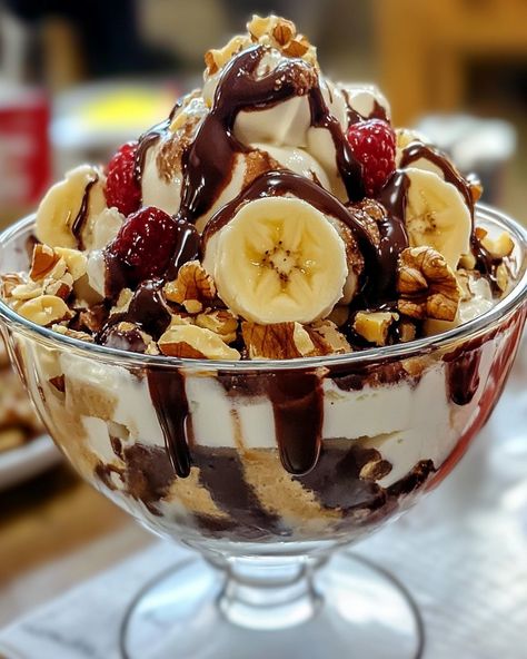 Ice Cream Sundae with Banana Split and Nuts 🍌🍨 This indulgent sundae combines creamy ice cream, fresh bananas, crunchy nuts, and a rich chocolate drizzle for the ultimate dessert treat! Ingredients: - 3 scoops of vanilla ice cream - 1 ripe banana, sliced - 1/4 cup hot fudge sauce, warmed - 1/4 cup chopped pecans or walnuts - Whipped cream, for topping - Fresh raspberries (optional) - Chocolate syrup, for drizzling Instructions: 1. In a large serving bowl, place the scoops of vanilla ice cr... Ice Cream Sundae Toppings, Ice Cream Sundaes Toppings, Sundae Toppings, Creamy Ice Cream, Ice Cream Sunday, Hot Fudge Sauce, Cream Fresh, Protein Ice Cream, Fresh Raspberries