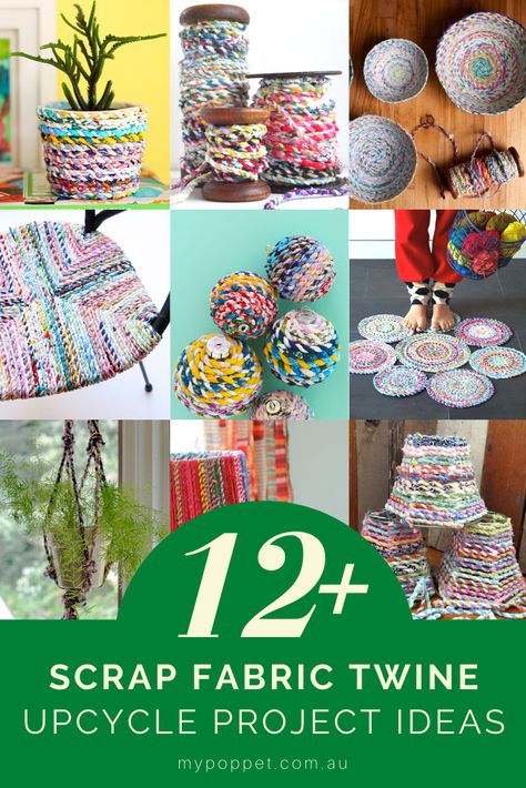 Don’t throw away your long scraps of fabric. Instead turn them into recycled fabric rope and make something useful with it. Here are some great ideas for scrap fabric twine projects to use up even the smallest scraps of fabric. Upcycled Fabric Crafts, Twisted Fabric Twine, Craft Ideas With Fabric Scraps, Making Twine From Fabric Scraps, Scrap Fabric Weaving, Scrap Fabric Twine Projects, Fabric Scrap Twine, Strip Fabric Projects, How To Make Fabric Twine