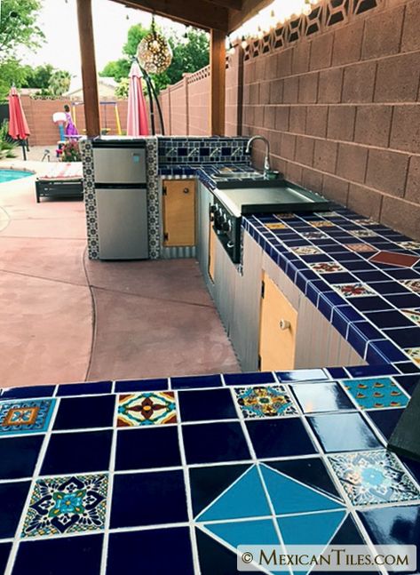 Tile Backyard, Kitchen Improvements Diy, Mexican Outdoor Kitchen, Cost Kitchen, Recycled Glass Countertops, Replacing Kitchen Countertops, Outdoor Kitchen Countertops, Landscaping Backyard, Mexican Tiles