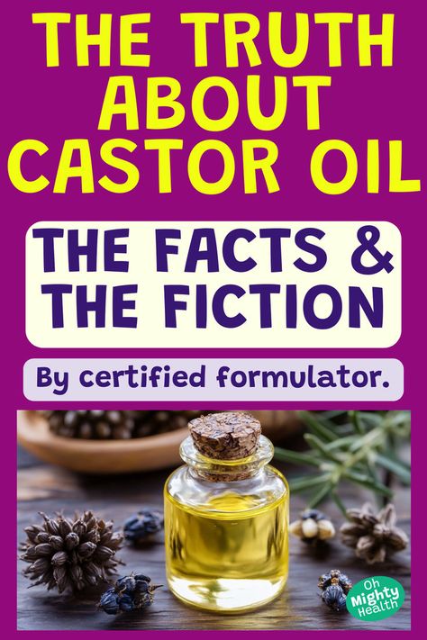 Small glass bottle of golden castor oil surrounded by castor bean pods and seeds on wooden surface. Text overlay reads "The Truth About Castor Oil: The Facts & The Fiction" in bright yellow and purple on magenta background. Subtitle states "By certified formulator." Castor Oil Benefits Skin, Castor Oil Eyebrows, Using Castor Oil, Castor Oil Uses, Castor Oil For Skin, Castor Oil Eyelashes, Castor Oil For Hair Growth, Castor Oil Benefits, Salve Recipes